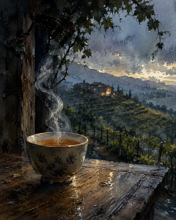 Tea Watches the Vineyard Lights Come Home