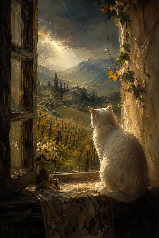 The White Cat Waits for Sunlight over the Vines