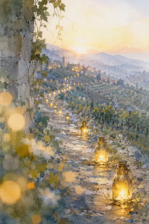 葡萄畑を家路へさまよう瓶灯り