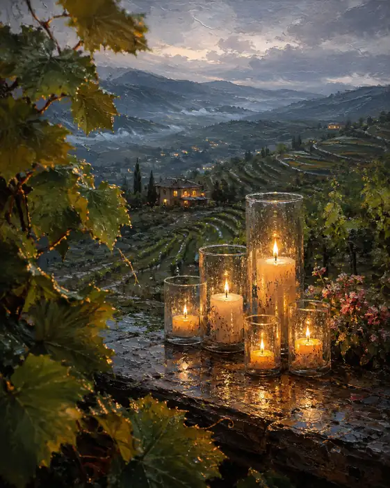 Five Candles Warm the Rain-Darkened Vines
