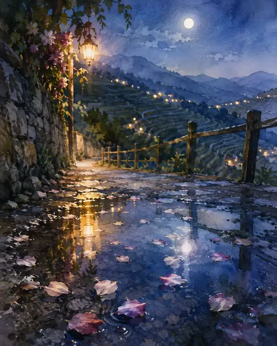 Petals Carry Moonlight Down the Vineyard Road