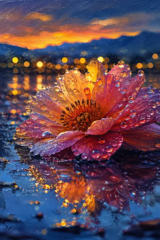 A Rain-Jewelled Blossom Mirrors the Burning Sky