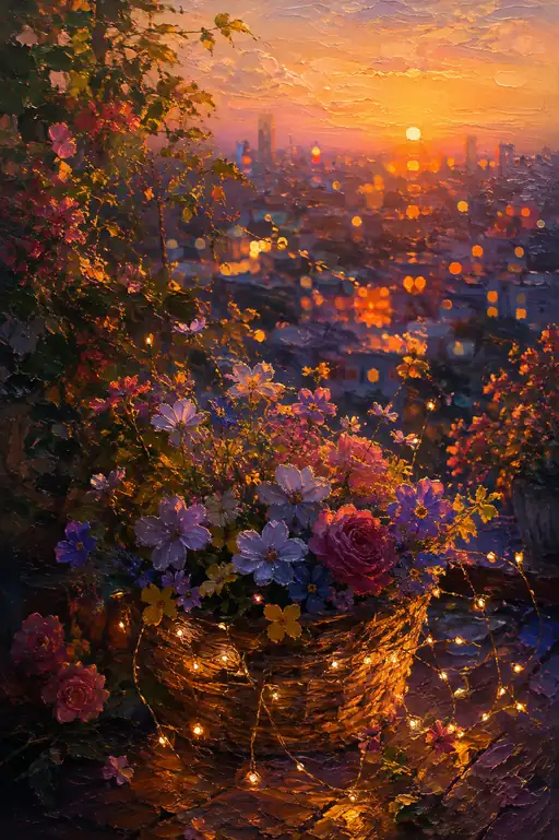 A Basket of Flowers Gathers the City's Sunset