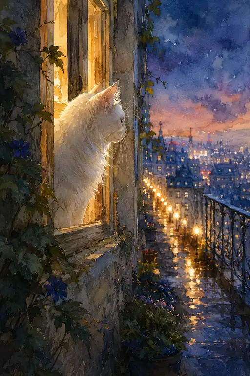 The White Cat Counts the City's Evening Lights