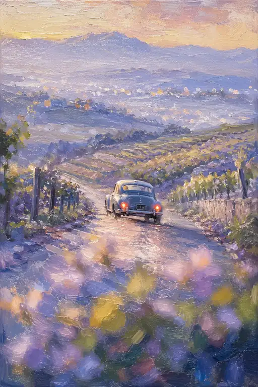 The Old Car Drives into a Lavender Dawn