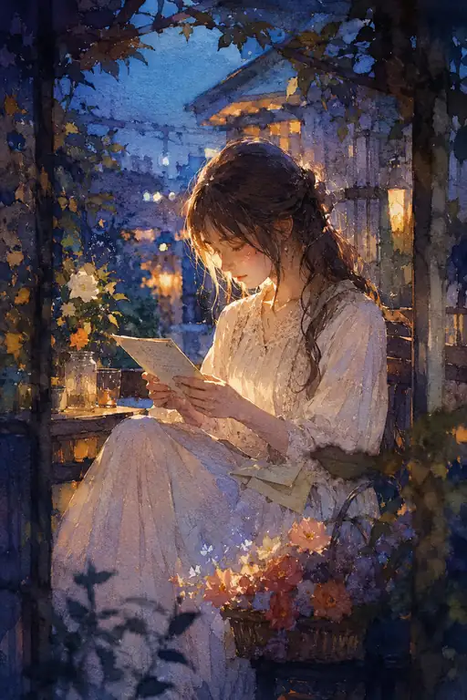 She Opens a Letter beneath the Rainlit Garden