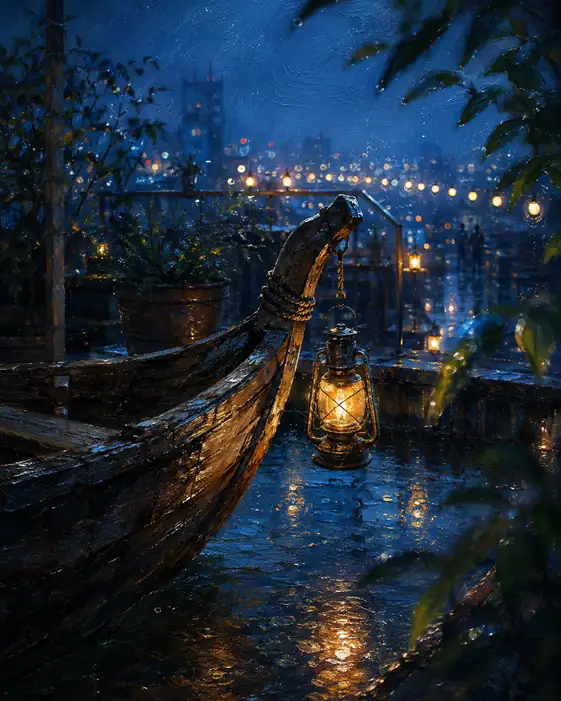 The Rain Boat Moors among a Million Lights