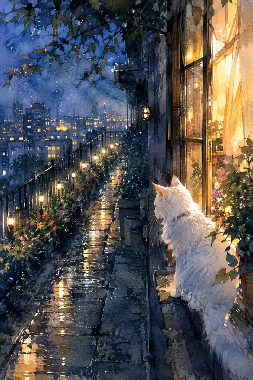 The White Cat Watches Rain Carry the Night Home