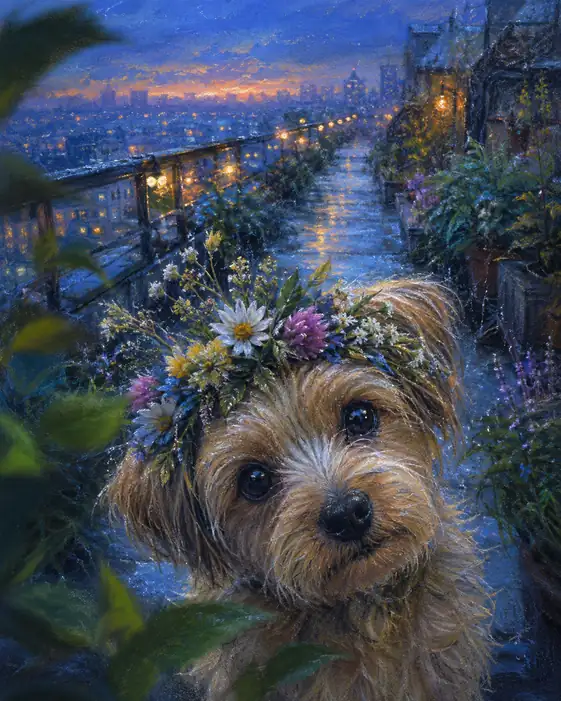 The Flower-Crowned Dog Brings Rain from the City