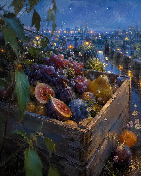 The Rain Harvests Figs beneath the City Lights