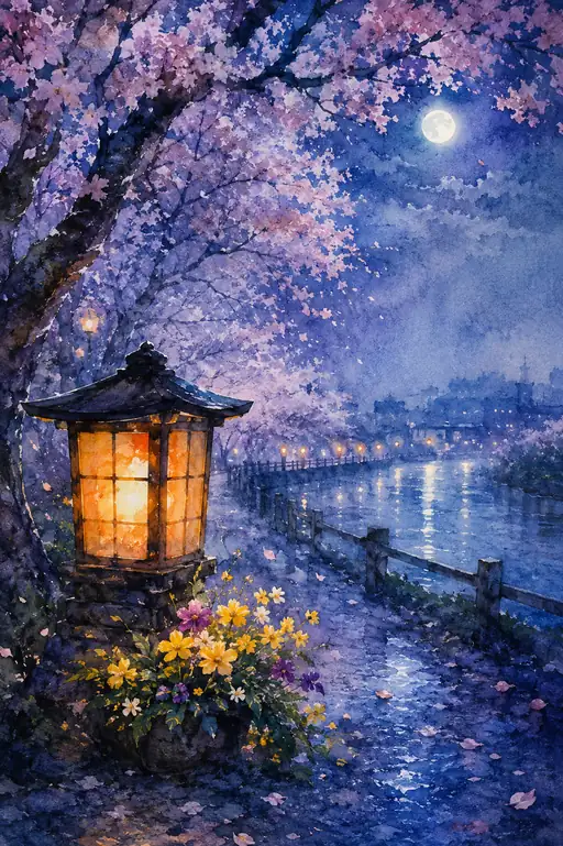 Moonlight Blossoms beside the Riverside Lantern