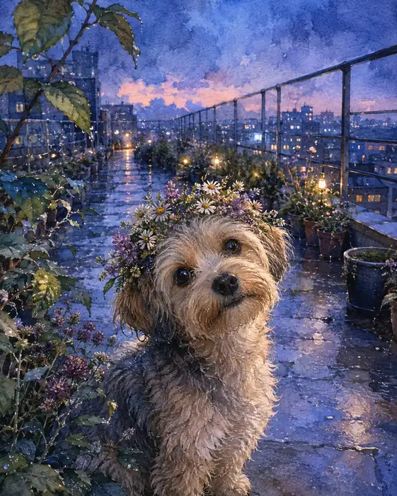 The Flower-Crowned Dog Finds the Rain's Last Star