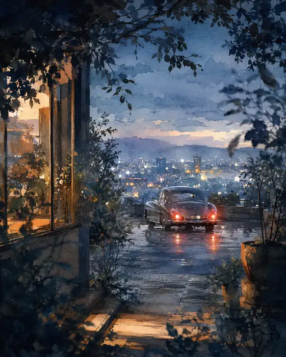 The Old Car Pauses between Home and the City Stars
