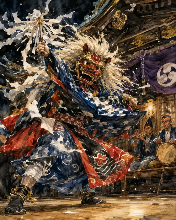 Dynamic Sacred Lion and Scattering Paper Streamers
