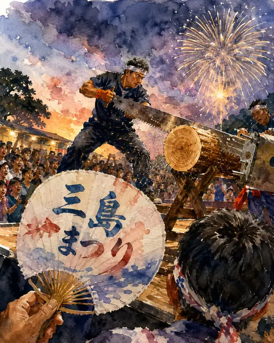 Crosscut Saw Competition and Fireworks at Mishima Festival