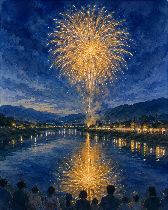 Golden Mirrored Fireworks Joining Sky and Water