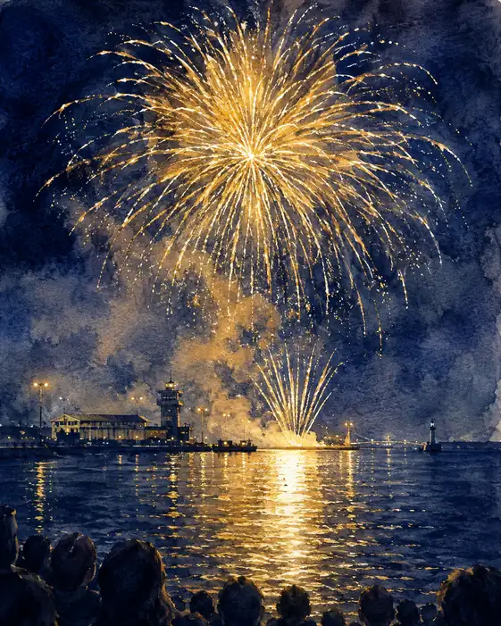 Golden Bloom Illuminating the Harbor and Sea