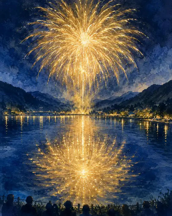 Symmetrical Golden Mirror Flowers on the Lake