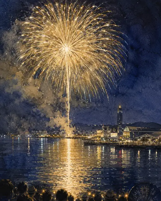 Golden Meteors Cascading Over the Harbor Tower and Sea
