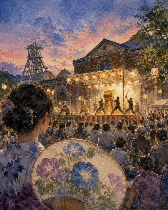 産業遺産を彩る太鼓の響きと朝顔団扇