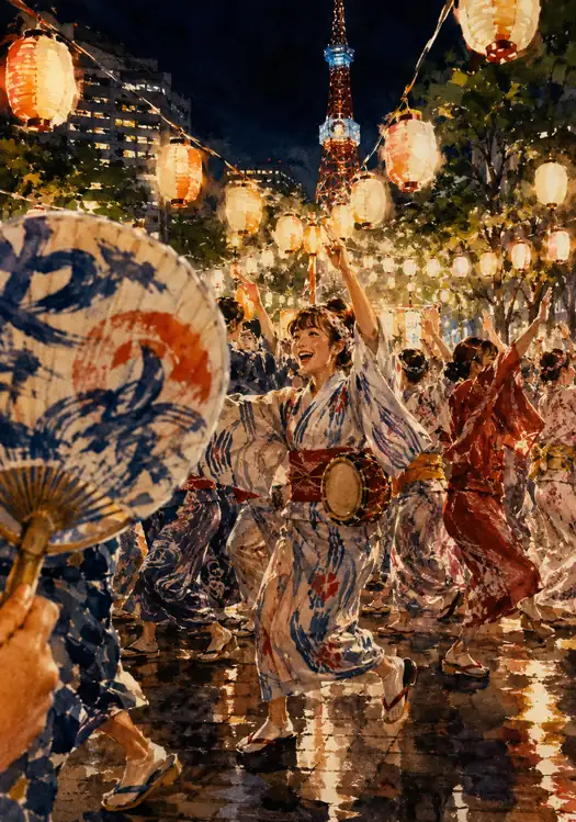 東京タワーの夜空に舞う笑顔と小鼓