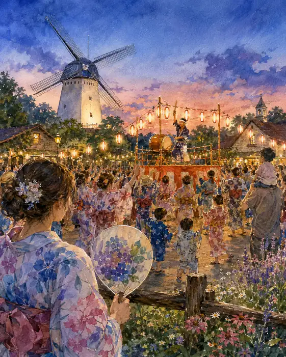 風車の夕映えと紫陽花うちわの夏祭り
