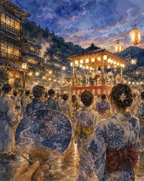 Taiko Beats by the Hot Springs Tower and Chrysanthemum Yukata