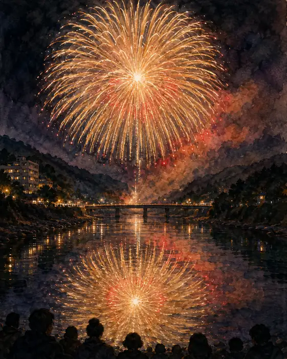 Red-Golden Bloom and Silent Crowd Reflected on the River