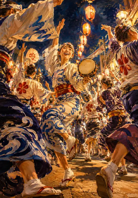 Swirling Wave-Patterned Yukata and Joyful Hand Drum