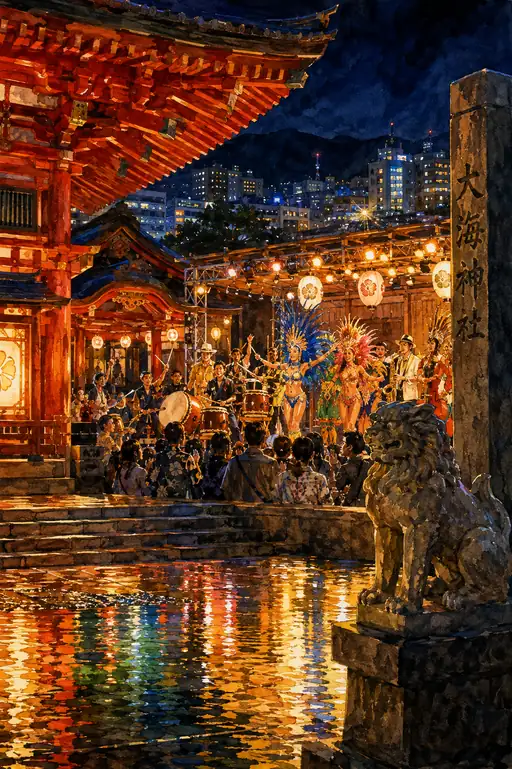 大海神社の夜宮に響く和太鼓とサンバの歓喜