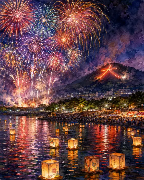 Colorful Blossoms and Floating Lanterns Under the Daimonji Mountain