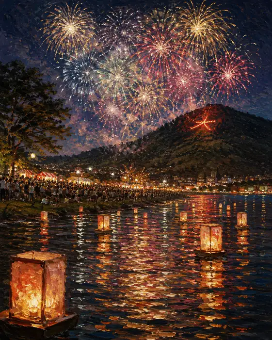 Blossoms of the Night Sky Embracing Daimonji and Floating Lanterns