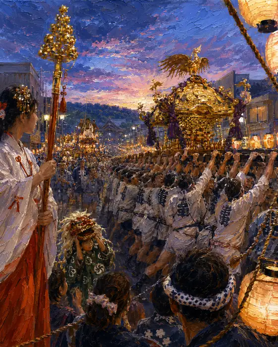 Golden Shrine Procession Under Twilight and Heated Shoulders