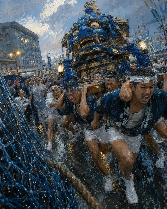 Heavy Rain and Men Carrying the Blue Lion Shrine
