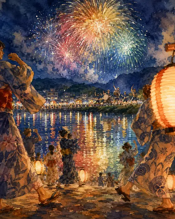 Indigo-Dyed Yukata Reflecting River Fireworks and Festival Beats
