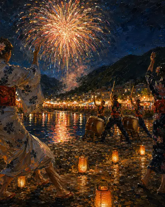 Golden Bloom Echoing River Lanterns and Taiko Beats
