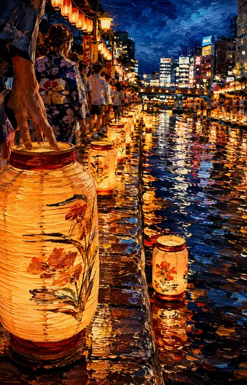 Flower Lanterns by the River and Water-Reflected City Lights