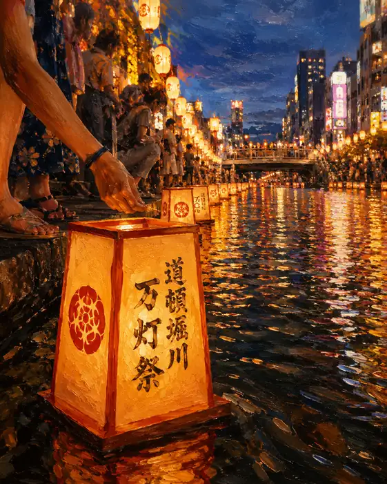 Hand Releasing a Lantern into the Water at Dotonbori River Festival