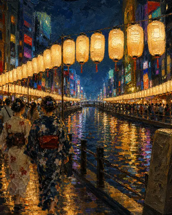 Canal Lanterns and Friends in Yukata Swaying on the Water