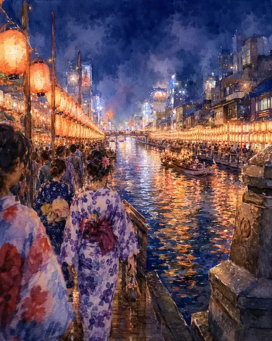 Lantern Boats and Purple Floral Yukata Along the Canal