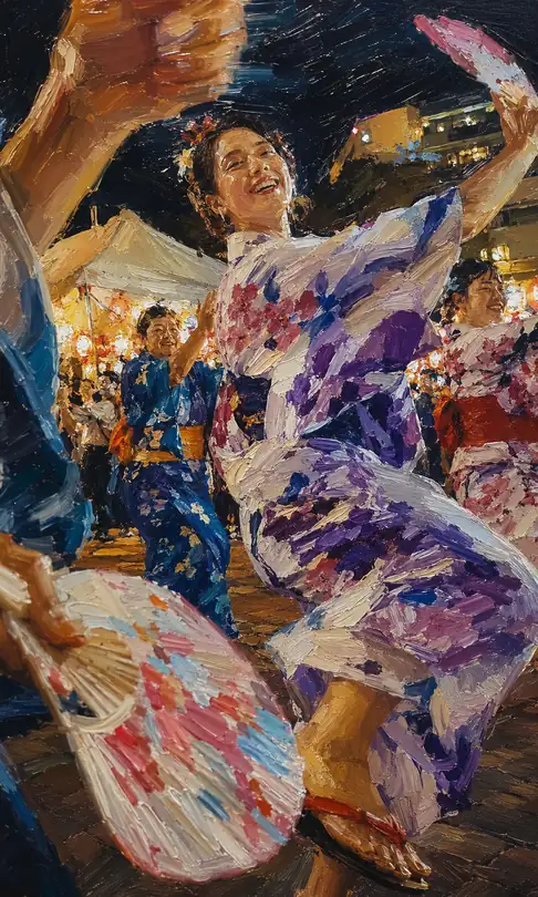 Radiant Smiles and Dancing Fans in Cherry Blossom Yukata