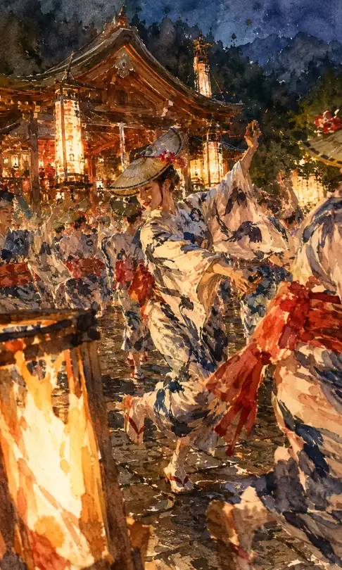 Straw-Hatted Dancer Playing Naruko Before the Shrine Light