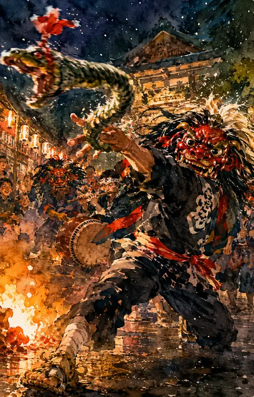 Red-Masked Lion Dancing Freely Before the Bonfire Flame