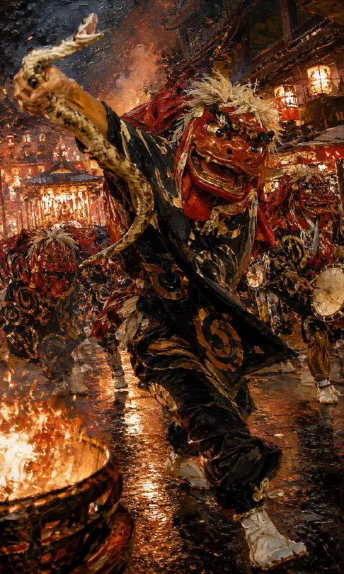 Kagura Lion Holding a Golden Snake Before the Bonfire Flame