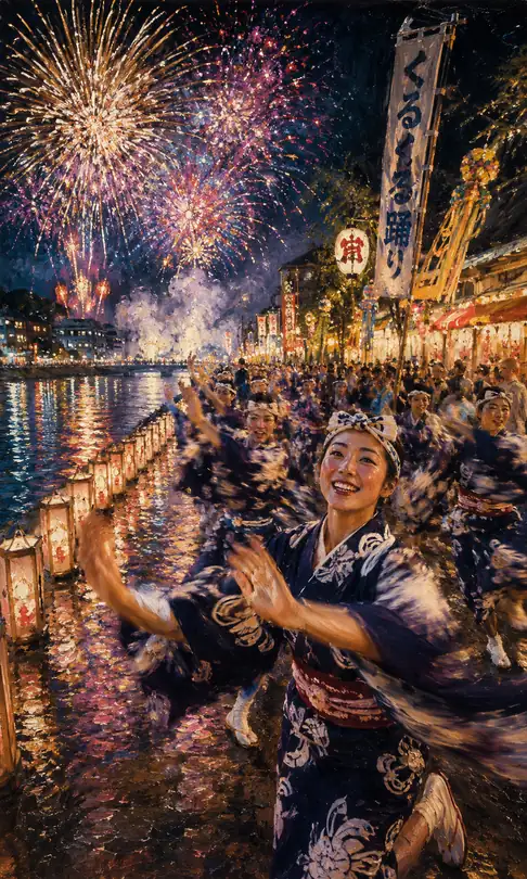 Smiling Dancers of the Kurukuru Dance and Fireworks