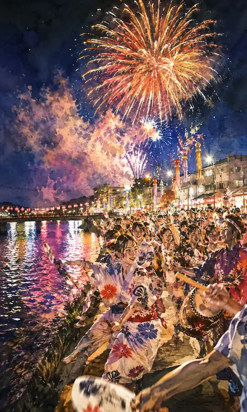 Tanabata Streamers and Fireworks Dance by the River