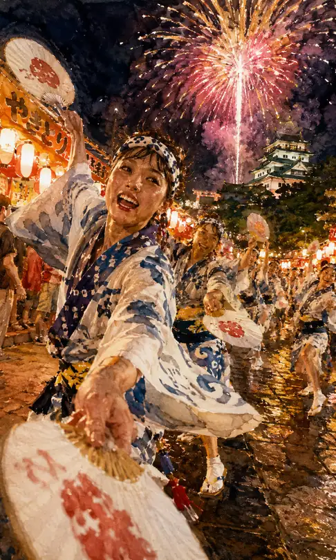 Yosakoi Smiles and Dancing Fan Reflected Before the Castle and Fireworks