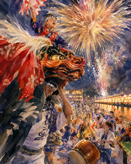 Boy on the Lion Head Holding Sacred Paper Before Fireworks