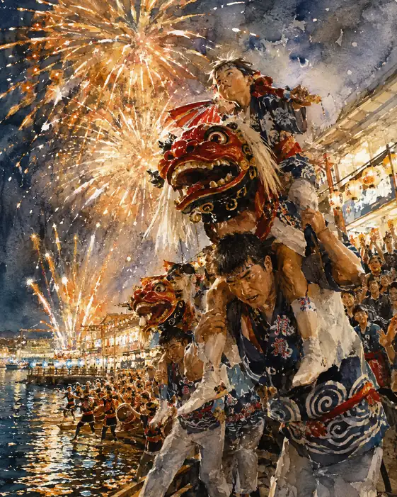 Lion Head Dancing on Father's Shoulders Under Golden Fireworks