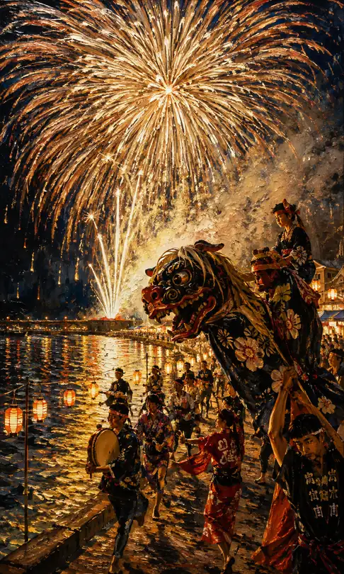 Weeping Willow Fireworks and Black-Golden Lion in Peony Drapery